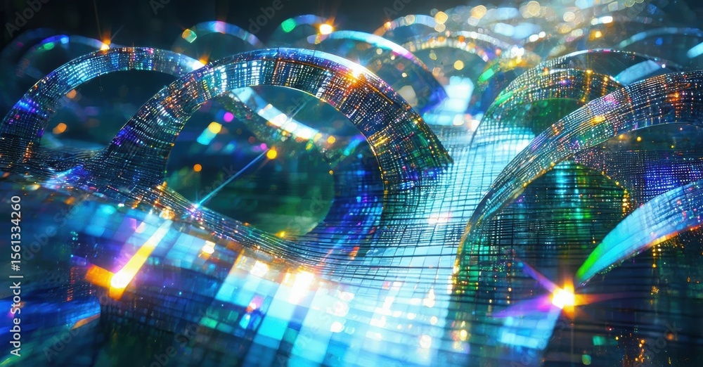 Poster abstract digital artwork. bright glowing lines form complex curves, creating futuristic landscape. v