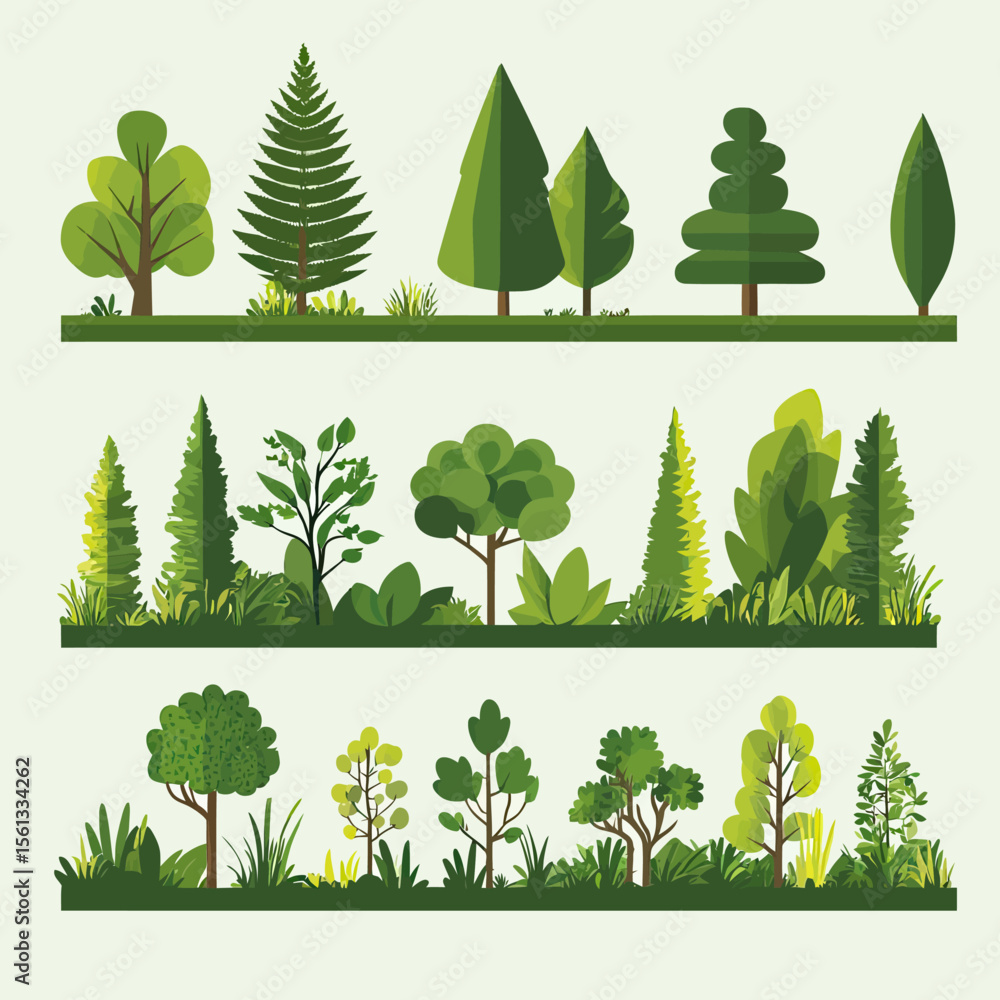 Poster set of flat minimalist vector trees and bushes with various shapes and shades of green isolated on l