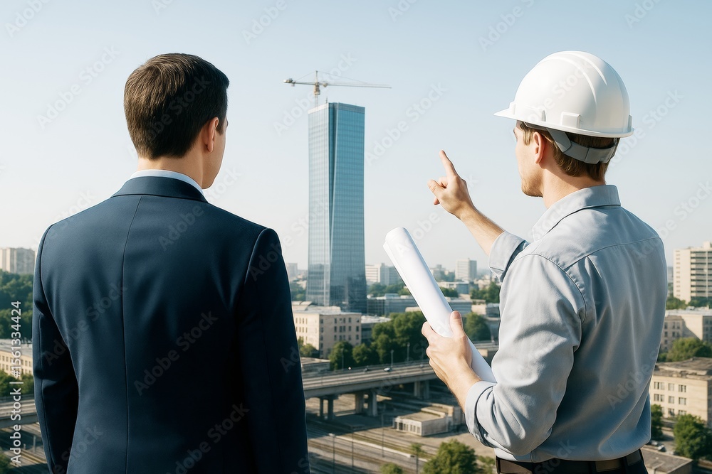 Aufkleber businessman and architect discussing skyscraper construction progress with city background in clear 