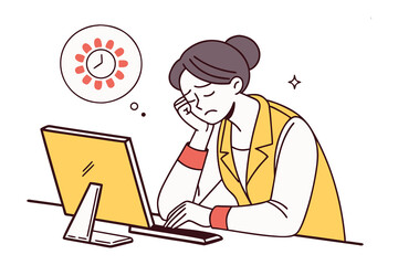 Fatigue and Overwhelm: A woman slumps over her workstation, her expression one of weariness and strain, as a clock graphic floats above.
