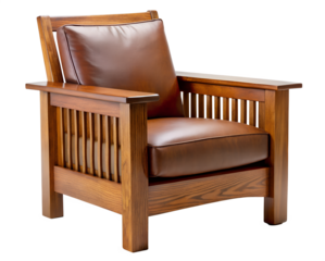 Elegant Brown Leather and Oak Mission Style Armchair, Comfortable and Luxurious.