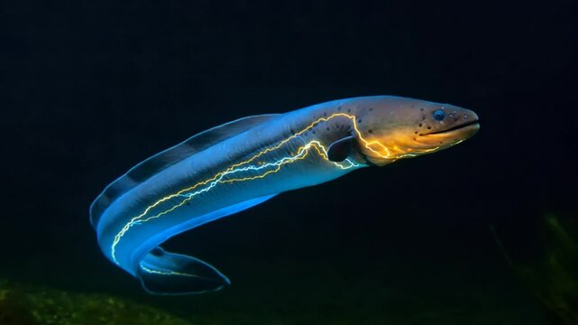 Electric eel swimming in dark water with glowing stripes