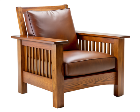 Elegant Brown Leather and Oak Mission Style Armchair, Comfortable and Luxurious.