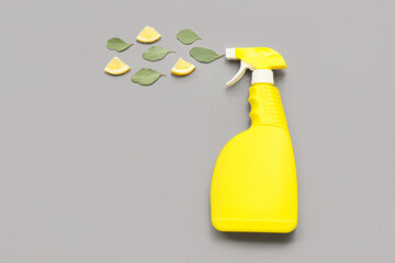 Composition with bottle of detergent, lemon slices and eucalyptus leaves on grey background