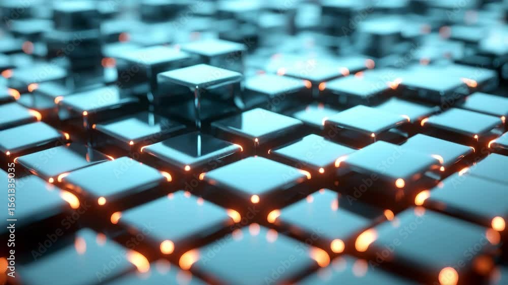 Poster abstract digital cubes with reflective surfaces and orange underglow representing data and technolog