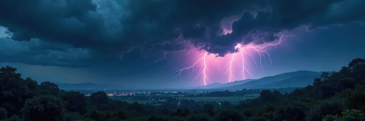 Fototapeta na wymiar Fierce Night Storm Torrential Rain, Lightning, and Dark Clouds Unleash Natures Fury over a Dramatic Landscape