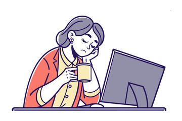 Office Weary: Illustration of office fatigue, the depiction of a tired woman slumped over her desk, the perfect visual for conveying feelings of workplace stress.
