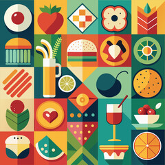 Abstract geometric pattern of farm food. Stylized poster with fruit and vegetables. Agriculture plants in cubism style. Contemporary art of healthy, natural, organic products. Flat vector illustration