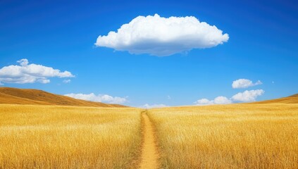 Golden field path under a vast blue sky