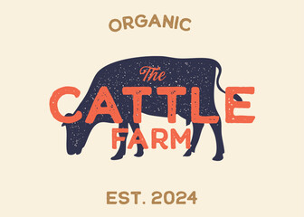 Cow or Cattle Farm with Cow Silhouette Vintage Retro Background. Ideal for branding organic farms, local produce markets, homesteading, animal husbandry, or artisanal food packaging.