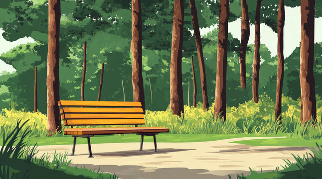 An illustration of a bench near a forest