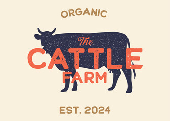 Cow or Cattle Farm with Cow Silhouette Vintage Retro Background. Ideal for branding organic farms, local produce markets, homesteading, animal husbandry, or artisanal food packaging.