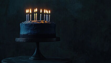 Dark moody birthday cake with lit candles