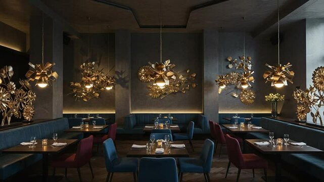 Elegant restaurant interior with unique decor and lighting