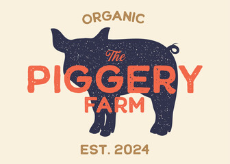 Pig or Piggery Farm with Pig Silhouette Vintage Retro Background. Ideal for branding organic farms, local produce markets, homesteading, animal husbandry, or artisanal food packaging.
