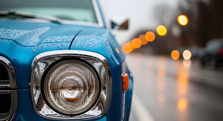 Close-up of a classic blue car headlight on a rainy street with blurred lights
