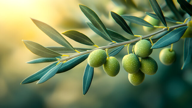 Photorealistic shot of a small branch with several plump green olives and characteristic silvery-green leaves attached. Sharp focus on olive skin texture 