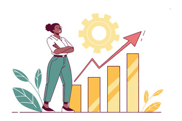 Confident Leader Charting Success: An empowered figure, arms crossed, embodies leadership and strategy amidst a visual representation of growth and achievement.