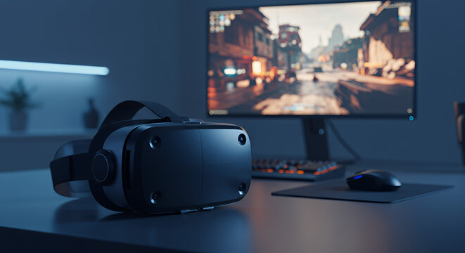 Virtual reality headset resting on a desk in front of a computer monitor displaying a game scene with city streets and buildings at dusk