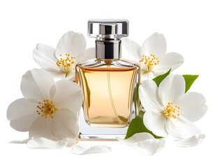 Jasmine Blossoms Arranged Beside a Glass Perfume Bottle, isolated on a transparent background
