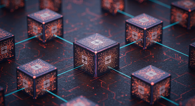 Close-up of futuristic holographic microchips with digital circuits glowing on a dark technological circuit board background
