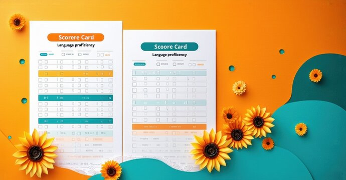 Scorecards, sunflowers, orange backdrop. Tests assess language skills, proficiency. Bright colors, clean design, flat lay composition.