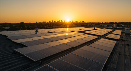 Sunset over a large solar panel installation on a rooftop with city skyline in the background during golden hour