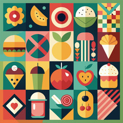 Abstract geometric pattern of farm food. Stylized poster with fruit and vegetables. Agriculture plants in cubism style. Contemporary art of healthy, natural, organic products. Flat vector illustration