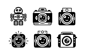 Collection of six simple black and white cartoon robot and camera icons isolated on white background