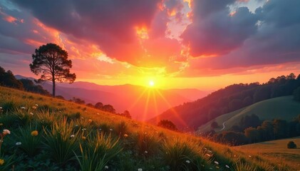 Vibrant Sunrise over Tranquil Landscape Hope, Renewal, and Peaceful Sunday Morning