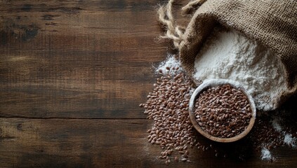 Flour and flax seeds on rustic wood