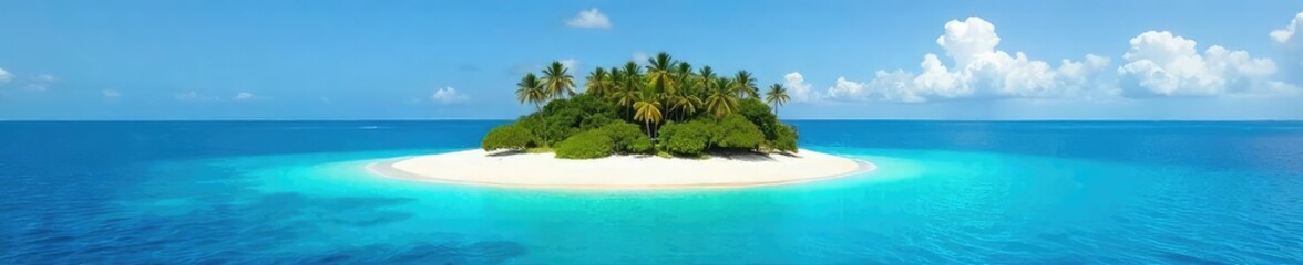 Serene Escape Solitary Island in Turquoise Ocean, Pristine Beach, Tranquil Sunlight