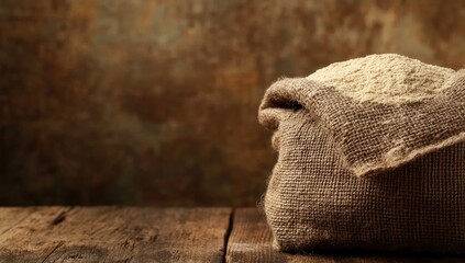 Beige flour in burlap sack on wood