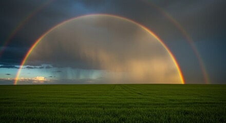 Spectacular countryside vista with double rainbow arching over verdant farmland under moody skies