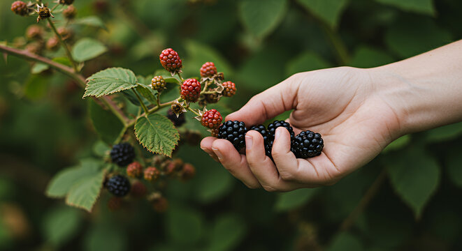 Hand holding ripe blackberries and unripe red berries on bush surrounded by green leaves in a natural garden setting - Powered by Adobe