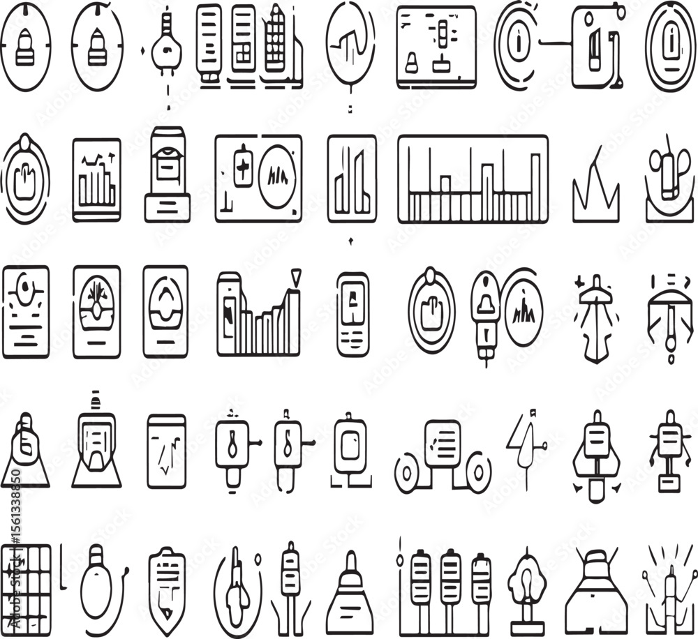 Poster a collection of various line art icons depicting different concepts and representations in a grid la