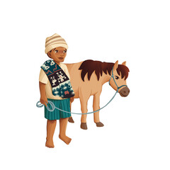 
Cartoon style illustration of a boy standing next to a brown horse. The boy is wearing a woven cloth decorated with ethnic motifs.