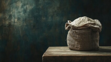 A burlap sack of flour rests on a weathered wooden table, against a teal-toned textured wall