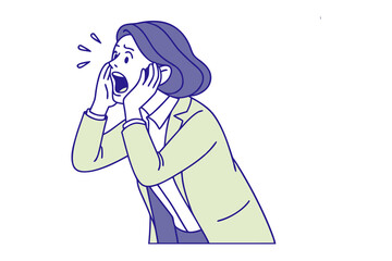 Woman Shouting in Distress: A vector illustration captures the intense emotion of a woman shouting, hands to her face, conveying surprise and alarm, set against an isolated background.