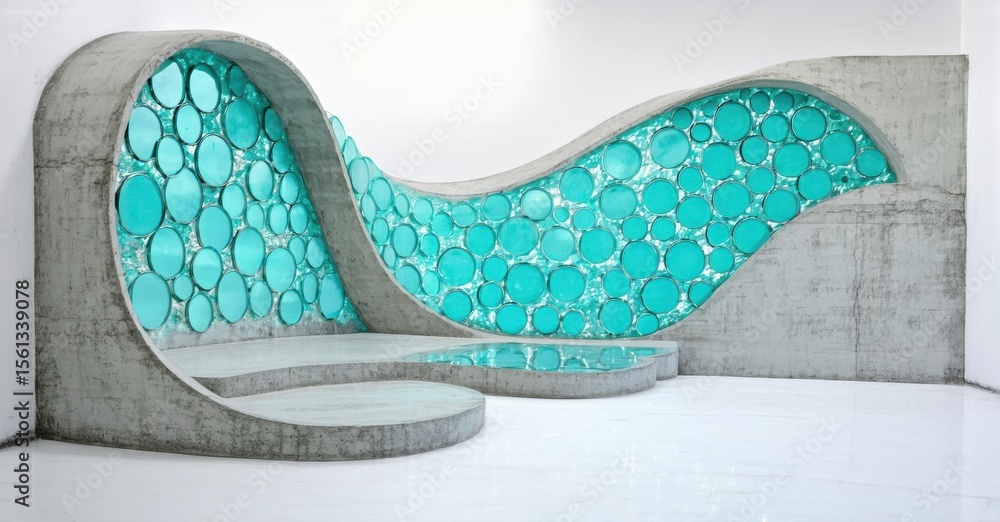 Poster Abstract concrete structure features turquoise circular openings. Minimalist design creates modern interior space. Smooth curves define walls, floor.