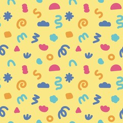 
Cheerful seamless pattern with abstract shapes in bright colors like pink, blue, orange and turquoise on a cheerful yellow background. gives a fun, retro, and kid-friendly impression.
