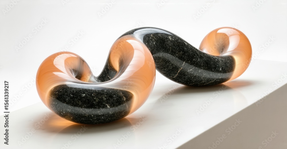 Poster abstract sculpture combines dark stone, translucent orange glass. curving form creates dynamic visua