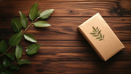 Gift box on a wooden table with greenery