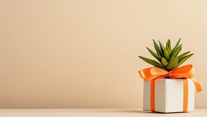 Gift box with succulent plant.  Soft beige backdrop.  Orange ribbon.  Simple, elegant presentation