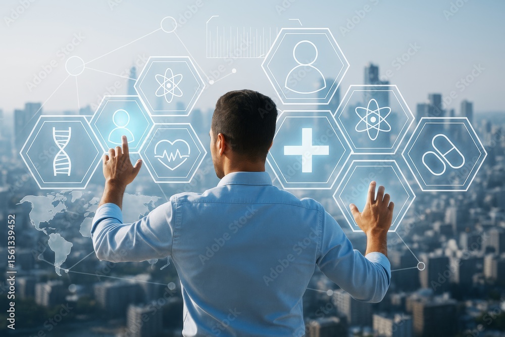 Poster man interacting with futuristic medical interface on digital screen over city background illustratin