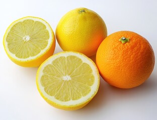 Fresh citrus fruits, lemons and oranges, close-up. Two whole fruits, one lemon and one orange, and two lemon halves are arranged on a plain white background