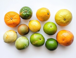 Assorted citrus fruits arranged on a white background