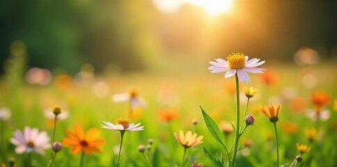 Fototapeta premium Serene Wildflower Meadow Sun-Drenched Flowers Gently Swaying in a Summer Breeze, Embodying Peaceful Natures Beauty
