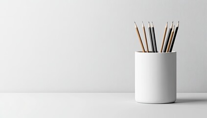 White cylinder pencil holder with assorted pencils against a plain white backdrop