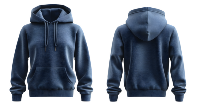 Photorealistic template showing front and back views of a classic navy blue hoodie sweatshirt with drawstrings, on an invisible mannequin or laid flat. - Powered by Adobe